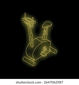 Bicicleta estacionária neon brilhando sobre fundo preto representando fitness, saúde e exercício