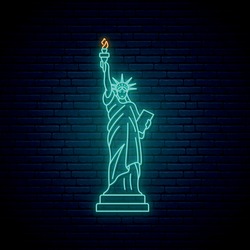 Neon Statue Of Liberty, Famous New York Landmark. Glowing Statue Of Liberty Icon On Brick Wall Background. Bright Light Signboard. Vector Illustration.
