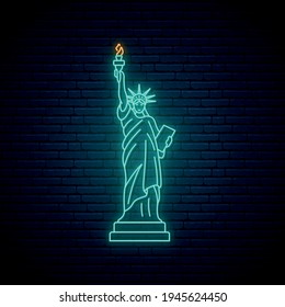 Neon Statue of Liberty, famous New York landmark. Glowing Statue of Liberty icon on brick wall background. Bright light signboard. Vector illustration.