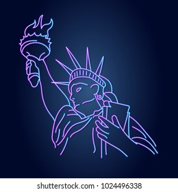 Neon of the Statue of Liberty in New York City. Symbol, emblem, label, logo design, Vector illustration