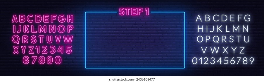 Neon step 1 sign in a frame on brick wall background.