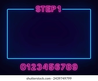 Neon step 1 sign in a frame on dark background.