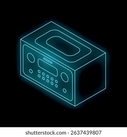 Neon stereo system glowing blue on dark background, isometric vector illustration