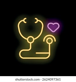 Neon stethoscope sending love signal with heart icon on black background
