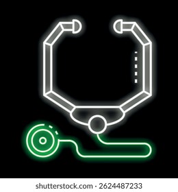 Neon stethoscope shining on a black background, representing healthcare and medical services