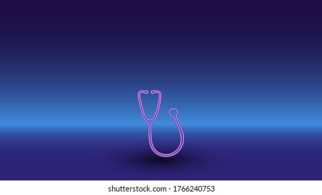 Neon stethoscope symbol on a gradient blue background. The isolated symbol is located in the bottom center. Gradient blue with light blue skyline