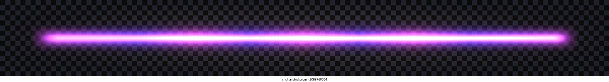 Neon-Stick, Laserstrahl mit Lichteffekt. violetter blauer Farbverlauf, elektrischer Donner, fluoreszierende Halogenstrahllinie einzeln auf dunkeltransparentem Hintergrund. Vektorgrafik