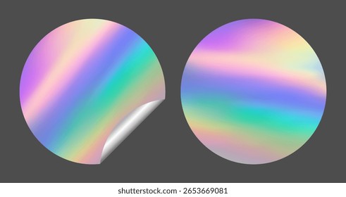 Neon sticker with curled up edge, blank template, label with foil holographic effect isolated on dark background. Shiny rainbow round emblem. Mockup for shopping icon. Gradient hologram. Vector EPS10
