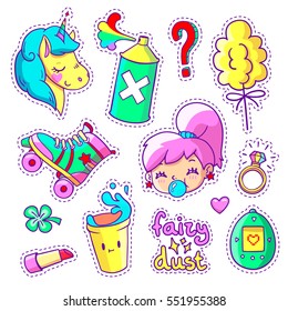 Neon stickers set in 80s-90s pop art comic style. Patch badges and pins with cartoon characters, food and things. Vector crazy doodles with unicorn, teenage girl, roller skate etc. Part 8.