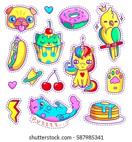 Neon stickers set in 80s-90s pop art comic style. Patch badges and pins with cartoon animals, sweet and fast food. Vector crazy doodles with cute unicorn, pug's head, cupcake cat etc. Part 15