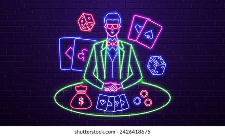 Neon stickman with dice, chips, cards, money and a table in green, blue and red on a brick wall background. The concept for an online casino.