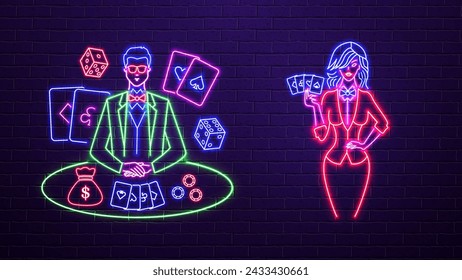 Neon stickman man and woman with cards, dice and poker chips. The concept for an online casino.