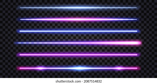 Palos de neón, vigas de goma con efecto luminoso brillante. Rayos de línea recta degradados azul y violeta aislados en un fondo transparente oscuro. Ilustración del vector