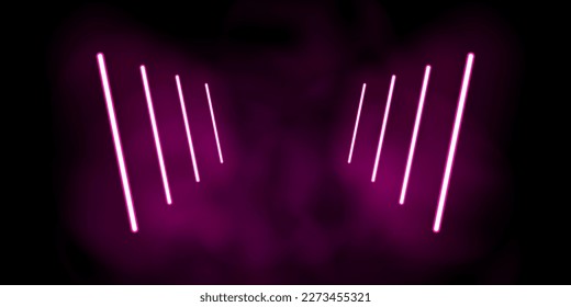 Neon sticks purple light on dark background with smoke. Led glowing lamps on smoky  backdrop. Modern vector design 