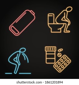 Icono de problemas estomacales neones establecido en el estilo de línea. Síntomas de enfermedades diarreicas - diarrea, vómitos y fatiga. Ilustración vectorial.