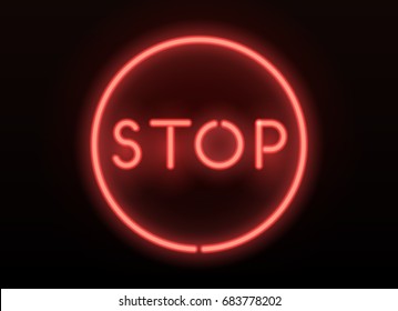 Neon stop sign. Vector realistic neon letters