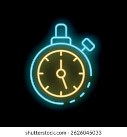 Neon stopwatch icon glowing against a dark background, representing the concept of time management