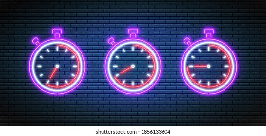 Neon stopwatch. Timers with 35, 40 and 45 minutes. Chronometer timer icons set. Fluorescent bright clocks on brick wall. Countdown deadline. Vector illustration.