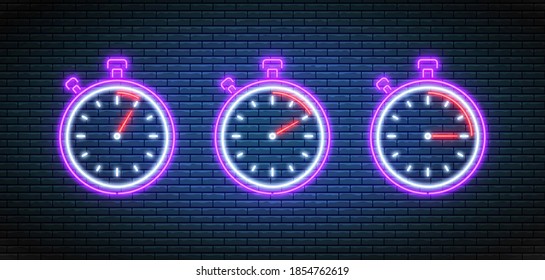 Neon stopwatch. Timers with 5, 10 and 15 minutes. Countdown timer icons set. Glowing bright clocks. Chronometer deadline. Vector illustration. Shiny indicators.