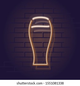 Neon stout beer icon. Night illuminated wall street pub or bar sign. Square illustration on brick wall background.