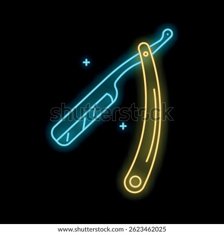 Neon straight razor glowing on dark background, concept of vintage barber shop
