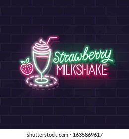 Neon strawberry milkshake typography and icon. Vector isolated neon illustration for any dark background. Fluorescent line art icon for menu, logo, poster, social network post.