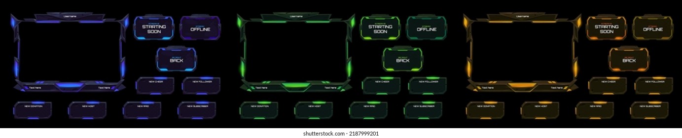 Neon Stream Overlay, Mmo Game Menu, Space Ui Frame. Streaming Screen, Gamer Username Panels And Buttons. Template For Esport, Online Live Video, Digital User Interface Glow Borders, Vector Set