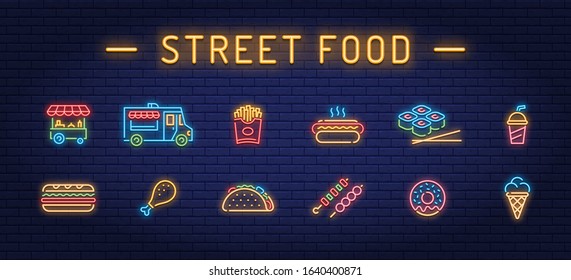 Neon street food icon set. Vector fastfood sign collection. Glowing take away pictogram illustrations in line style. Simple signs for cafe, delivery, stall, stand, vendor