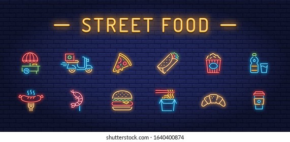 Neon street food icon set. Vector fastfood sign collection. Simple signs for cafe, delivery, stall, stand, vendor. Glowing take away pictogram illustrations in line style