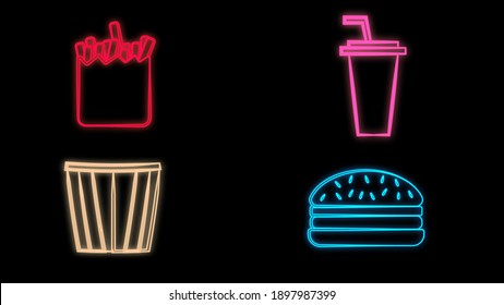 Neon street food icon set. Vector fastfood sign collection. Simple signs for cafe, delivery, stall, stand, vendor. Glowing take away pictogram illustrations in line style