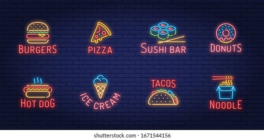 Neon street food logo set. Vector line fastfood sign illustration. Modern restaurant or cafe logotype. Glowing design concept for burgers, pizza, sushi bar, donuts, hot dog, ice cream, tacos, noodle