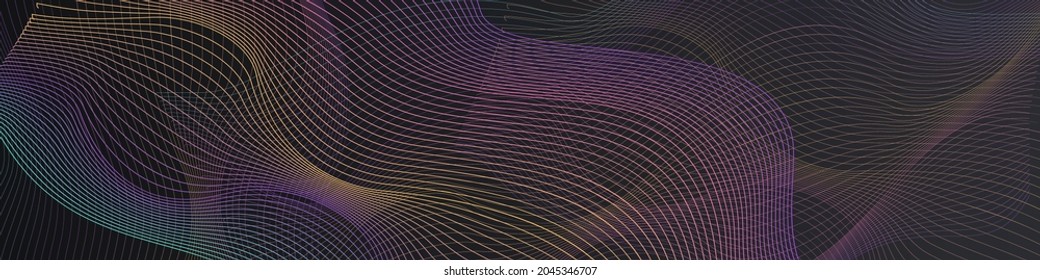 Neon Stripe Graphic Vector Panoramic Black Background. Color Blend Creative Backdrop. Wavy Effect Illustration. Gradient Wave Light Design.