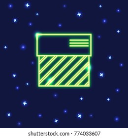 Neon striped gift box icon in line style. Shining present box with stripes on dark background.