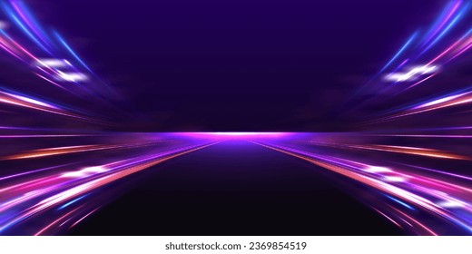 Neon stripes in the form of drill, turns and swirl. Illustration of high speed concept.  Image of speed motion on the road. Abstract background in blue and purple neon glow colors.