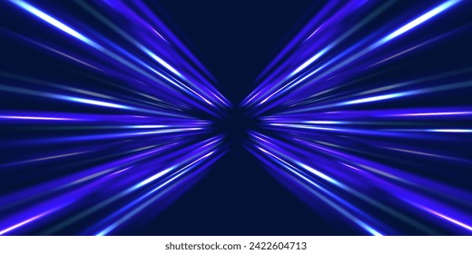 Neon stripes in the form of drill, turns and swirl. Illustration of high speed concept. Image of speed motion on the road. Abstract background in blue and purple neon glow colors.