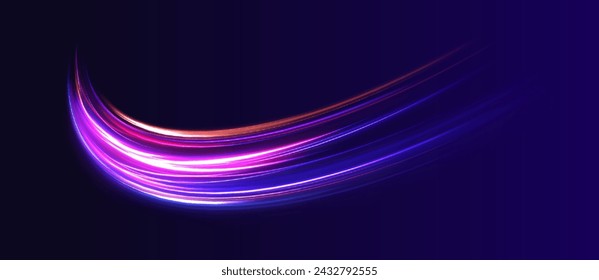 Neon stripes in the form of drill, turns and swirl. Illustration of high speed concept. Image of speed motion on the road. Abstract background in blue and purple neon glow colors.	