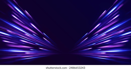 Neon stripes in the form of drill, turns and swirl. Illustration of high speed concept. Image of speed motion on the road. Light and stripes moving fast over dark background.	
