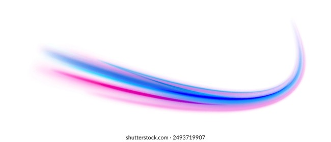 Neon stripes in the form of drill, turns and swirl. Illustration of high speed concept. Image of speed motion on the road. Abstract background png in blue and purple neon glow colors.	