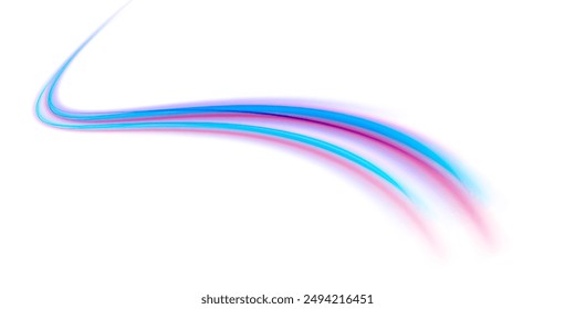 Neon stripes in the form of drill, turns and swirl. Illustration of high speed concept. Image of speed motion on the road. Abstract background png in blue and purple neon glow colors.	