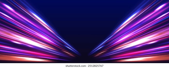 Neon stripes in the form of drill, turns and swirl. Illustration of high speed concept. Image of speed motion on the road. Abstract background in blue and purple neon glow colors.	