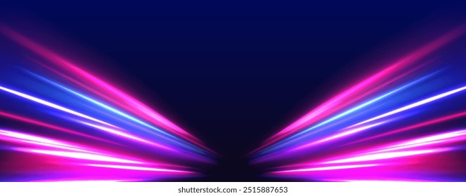 Neon stripes in the form of drill, turns and swirl. Illustration of high speed concept. Image of speed motion on the road. Abstract background in blue and purple neon glow colors.	