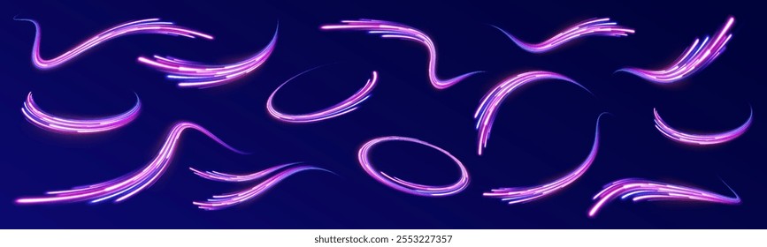 Rayas de neón en forma de taladro, giros y remolinos. Fondo ligero, velocidad, ondulado, remolino, curva, rápido, Vector. Líneas de borde rotacionales de fondo Abstractas. 