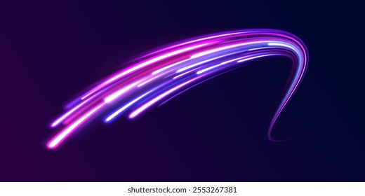 Neon stripes in the form of drill, turns and swirl. Speed of light concept background. Abstract background rotational border lines, png, effect, wave,neon,line. 