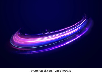 Neon stripes in the form of drill, turns and swirl. Speed of light concept background. Abstract background rotational border lines, png, effect, wave,neon,line. 