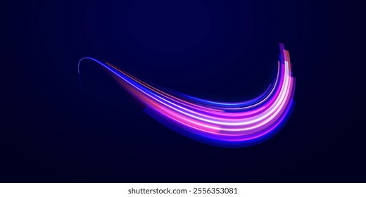 Neon stripes in the form of drill, turns and swirl. Speed of light concept background. Abstract background rotational border lines, png, effect, wave,neon,line. 