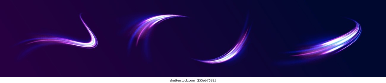 Neon stripes in the form of drill, turns and swirl. Speed of light concept background. Abstract background rotational border lines, png, effect, wave,neon,line. 