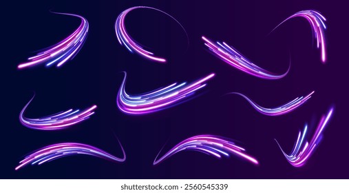 Neon stripes in the form of drill, turns and swirl. Speed of light concept background. Abstract background rotational border lines, png, effect, wave,neon,line. 