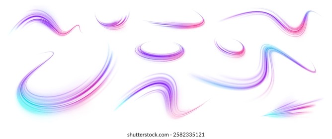 Neon stripes in the form of drill, turns and swirl. Speed of light concept background. Abstract background rotational border lines, png, effect, wave,neon,line. 