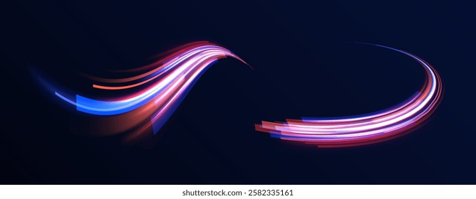 Neon stripes in the form of drill, turns and swirl. Speed of light concept background. Abstract background rotational border lines, png, effect, wave,neon,line. 