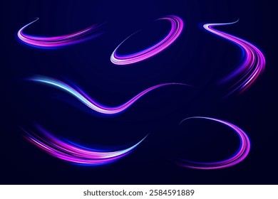 Neon stripes in the form of drill, turns and swirl. Speed of light concept background. Abstract background rotational border lines, png, effect, wave,neon,line. 